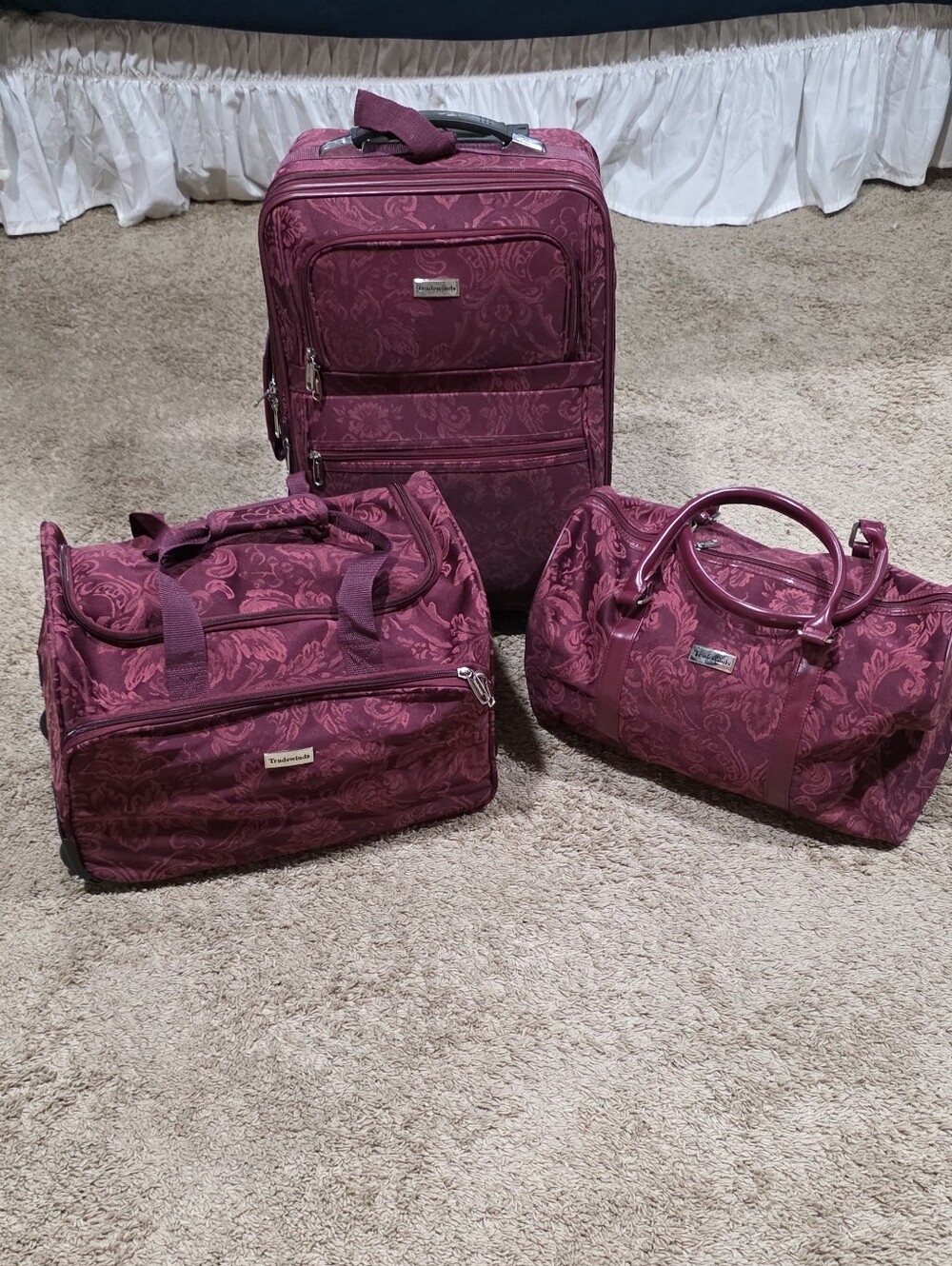 Vintage 1980s Travel Luggage Set - Burgundy Floral Pattern by